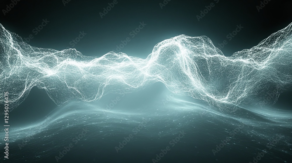 Poster digital visualization of waves and light patterns in a dark surreal environment
