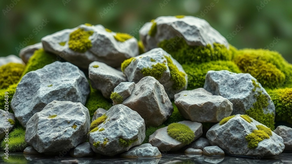 Poster set of various realistic natural rocks with green moss around isolated on transparent background