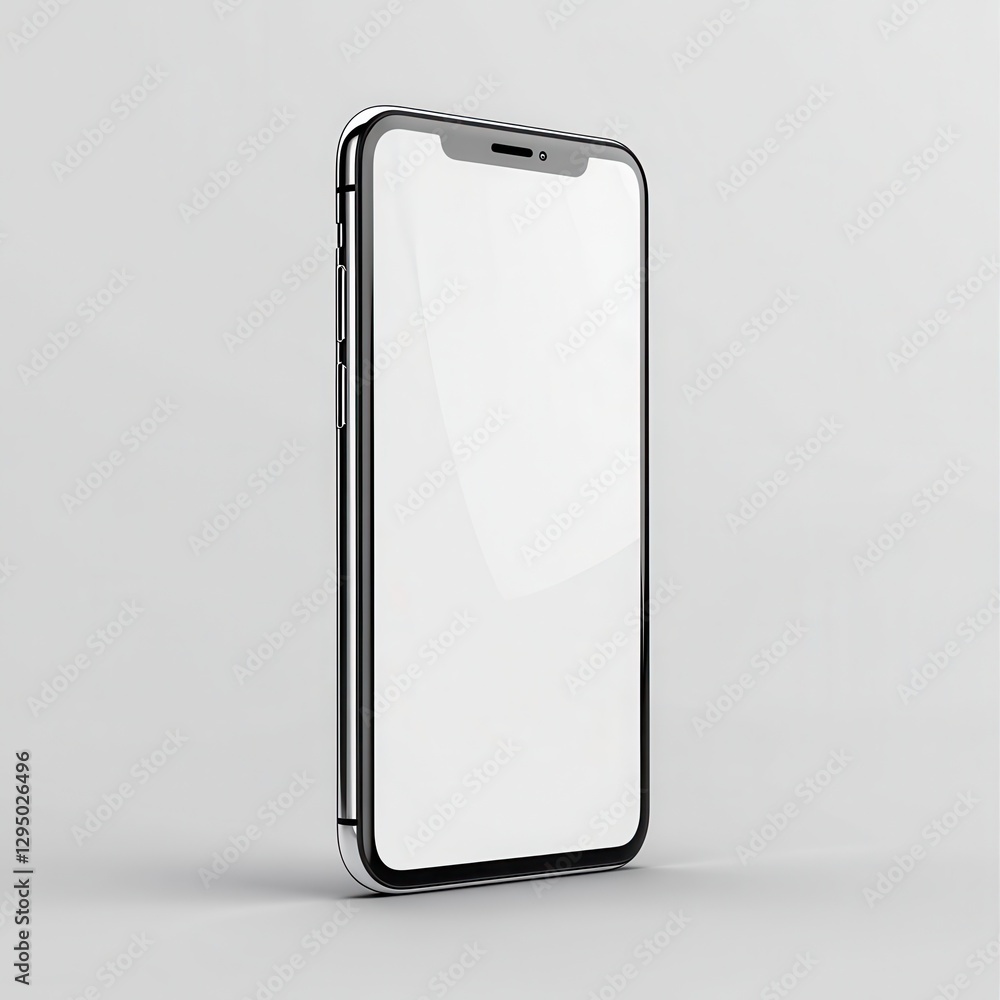 Poster a close-up view of a modern cell phone lying flat, featuring a sleek design and a completely blank s