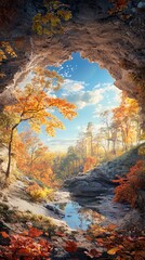 Autumnal Forest Viewed Through Cave Opening
