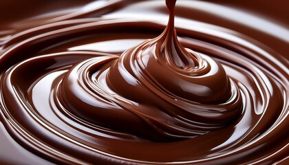 Extreme close-up of melted dark chocolate swirls with glossy surface reflecting soft highlights. Smooth texture and rich, indulgent appearance.