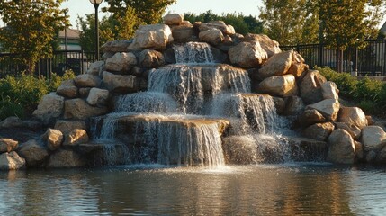 Naklejka premium Serene Cascading Waterfall in a tranquil park setting