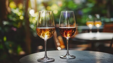 Elegant Wine Glasses Filled with Ros&eacute; Set Against a Lush Garden Background