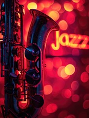 This image features a close-up view of a glossy saxophone with intricate details and reflections, set against a bokeh background with a vibrant red and purple color scheme. A neon sign with the word