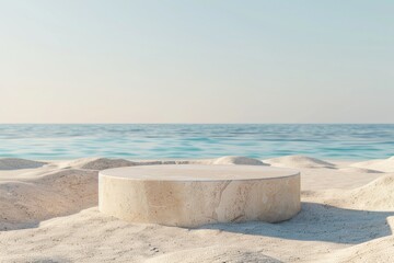 Clear Pixel Image of Beige Stone Podium on Sand Beach for Product Showcase
