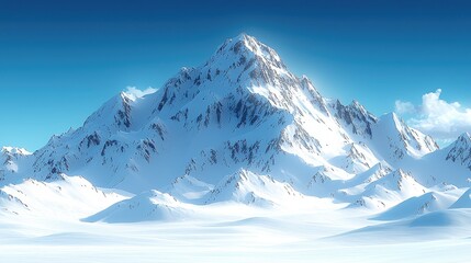 Majestic snow-covered mountain under a clear blue sky with distant peaks in the background