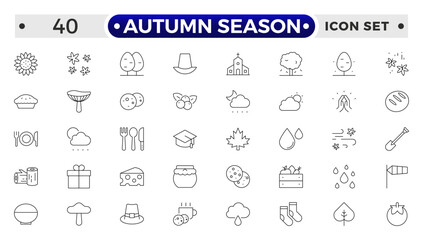 Autumn season outline Icons set. Collection of fall related objects, plants and animals, holidays, celebrations.