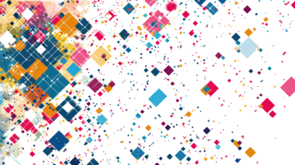 Colorful diamonds falling and dispersing on transparent background