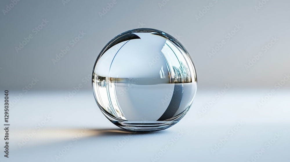 Poster glass sphere on a white surface with soft shadows and reflections captured in a studio setting