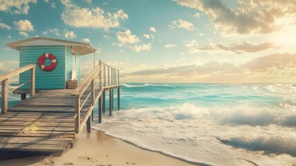 Sunlit Lifesaver Beacon Illuminating a Tranquil Seaside Dock During a Blissful Summer Getaway Amidst Turquoise Waters and Soft Sandy Shores