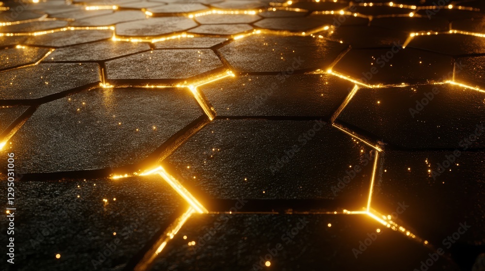 Poster close-up view of glowing hexagonal tiles with sparkling light on dark surface