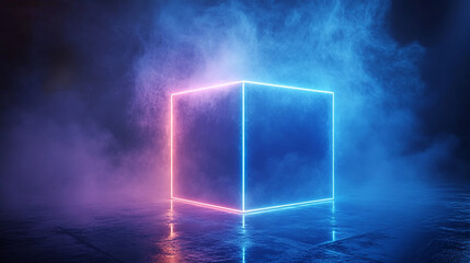 Abstract neon glowing wireframe cube in cyan blue and pink with a large smoke cloud and shiny reflective floor, representing futuristic technology, digital innovation, and creativity.

