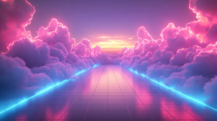 Abstract neon glowing wireframe cube in cyan blue and pink with a large smoke cloud and shiny reflective floor, representing futuristic technology, digital innovation, and creativity.

