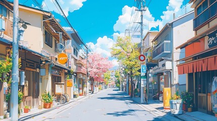 Obraz premium Sunny street, cherry blossoms, Japan, travel