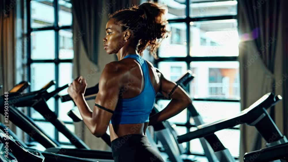 Poster dynamic video capturing a focused athlete running on a treadmill, highlighting strength and determin