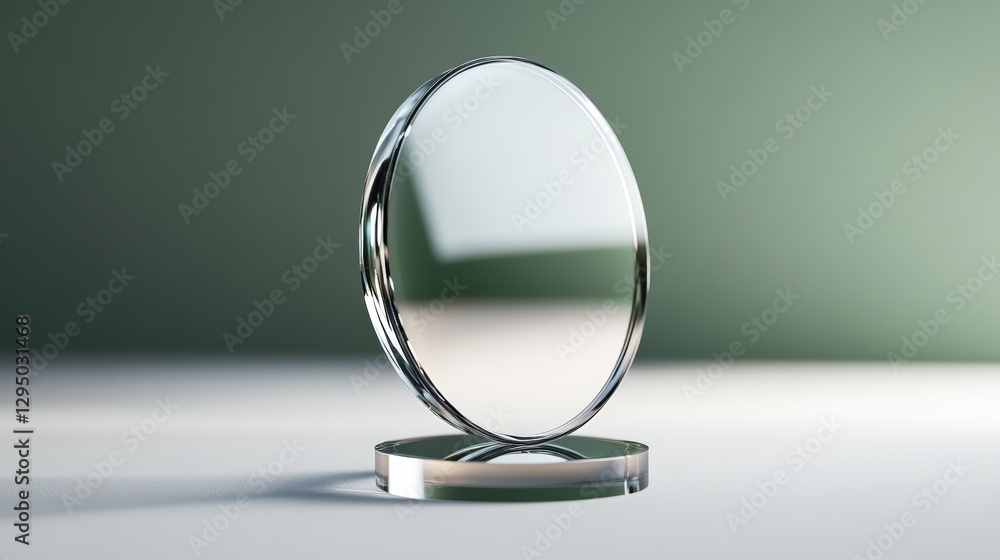 Aufkleber mirror on a table with green background reflecting light and surrounding objects in a serene setting