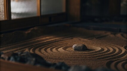 Naklejka premium Meditation inspirational text. A serene close-up of a Japanese zen rock garden, showcasing calmness and mindfulness through inspirational quotes. Peace Calm Quotes.