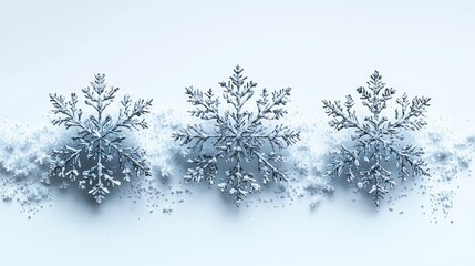Three intricately designed snowflakes resting on a soft, white snowy surface, evoking winter beauty