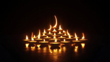 Illuminated candles arranged in a pyramid shape on a dark surface, reflecting light.