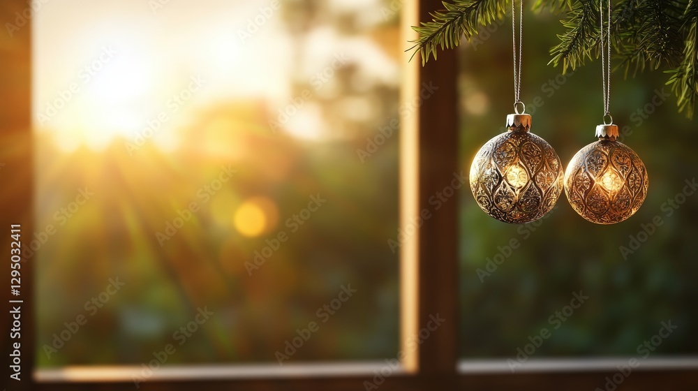 Aufkleber two decorative ornaments hanging from a tree branch in a winter setting with snowflakes in the backg