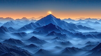 Majestic sunrise over a serene mountain range with misty valleys and a tranquil atmosphere