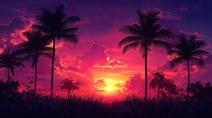 Obraz premium Vibrant sunset over a tropical landscape with silhouetted palm trees and colorful clouds