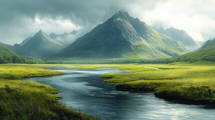 Serene Landscape with Majestic Mountains and Flowing River Under Dramatic Sky