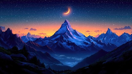 Majestic mountain landscape at twilight with a crescent moon illuminating the peaks