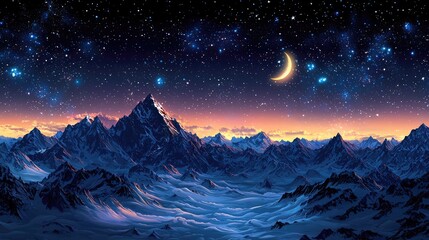 Majestic mountain landscape under a starry night sky with a crescent moon illuminating the scene