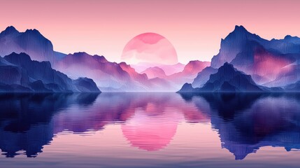 Serene sunset over tranquil mountains reflecting in calm water, creating a peaceful atmosphere