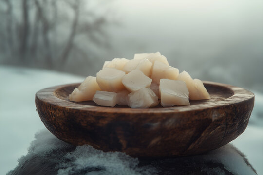 Traditional Icelandic h&aacute;karl fermented shark on wooden platter
