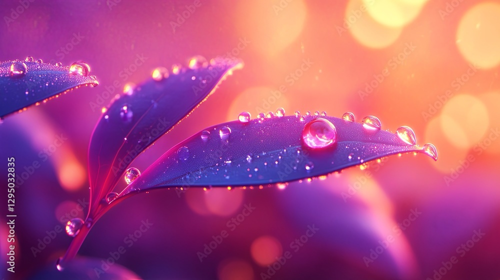 Poster captivating close-up of dew-covered leaves illuminated by soft sunlight at dawn in a serene garden s