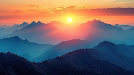 Majestic sunset over mountain range with layered peaks and vibrant colors in tranquil atmosphere