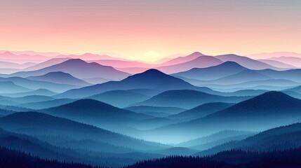 Serene twilight landscape showcasing layered mountains under a colorful sunset sky
