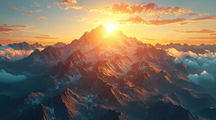 Majestic sunrise over rugged mountain peaks with clouds, highlighting nature's beauty at dawn