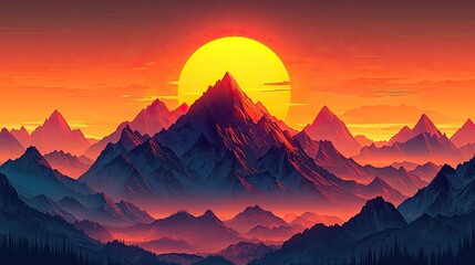 Vibrant sunset over majestic mountains with layered peaks and serene foreground landscape