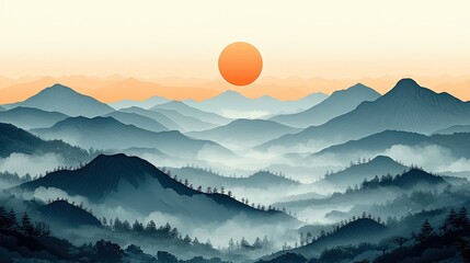 Serene sunset over misty mountains with layered hills and a tranquil atmosphere