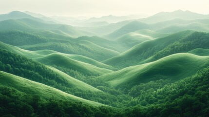 Lush green rolling hills under a soft mist, showcasing nature's tranquility and beauty