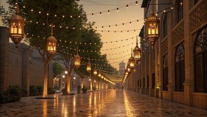 Obraz premium Beautifully Lit Ramadan Street with Traditional Lanterns and Fairy Lights