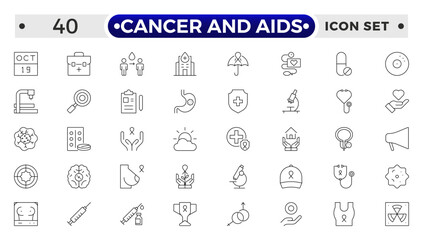 Cancer and AIDS icon set. Containing tumor, oncology, chemotherapy, biopsy, radiotherapy, ribbon, breast cancer, remission and more.