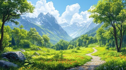 Serene mountain landscape with vibrant greenery and a winding path under a bright sky