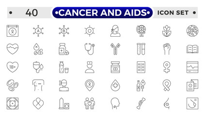 Cancer and AIDS icon set. Containing tumor, oncology, chemotherapy, biopsy, radiotherapy, ribbon, breast cancer, remission and more.