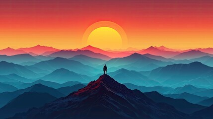 A lone figure stands atop a mountain peak at sunset, surrounded by vibrant, layered landscapes