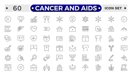 Cancer and AIDS icon set. Containing tumor, oncology, chemotherapy, biopsy, radiotherapy, ribbon, breast cancer, remission and more.