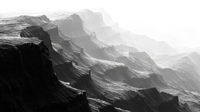 Dramatic black and white landscape showcasing rugged mountain ridges with misty background