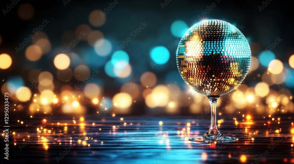 Poster disco ball on a table with colorful lights in the background creating a festive atmosphere for a par