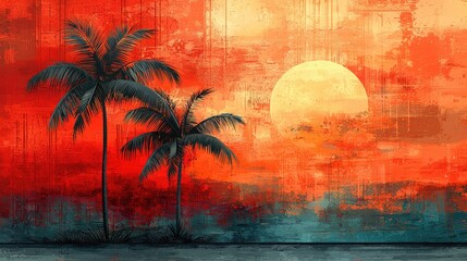 Vibrant sunset over a tranquil beach with palm trees silhouetted against colorful sky