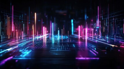 Neural symphony, futuristic visualization of AI composing music, abstract sound waves glowing in neon hues, sci-fi cyberpunk aesthetic