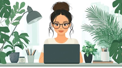 Young woman working on a laptop in a bright, plant-filled home office setting