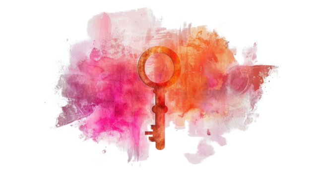 Key opening pink and orange watercolor stain on transparent background